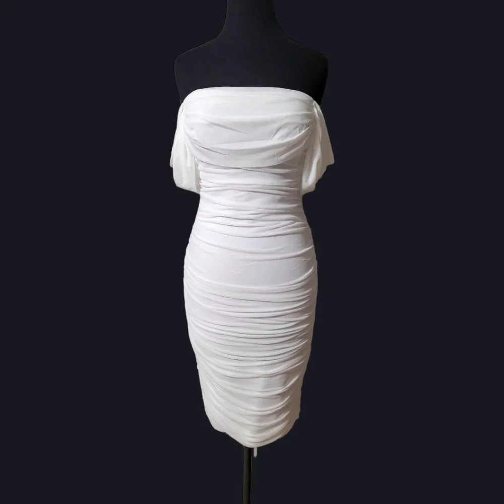 White Bodycon Ruched Stretch Dress - Picture 5 of 12